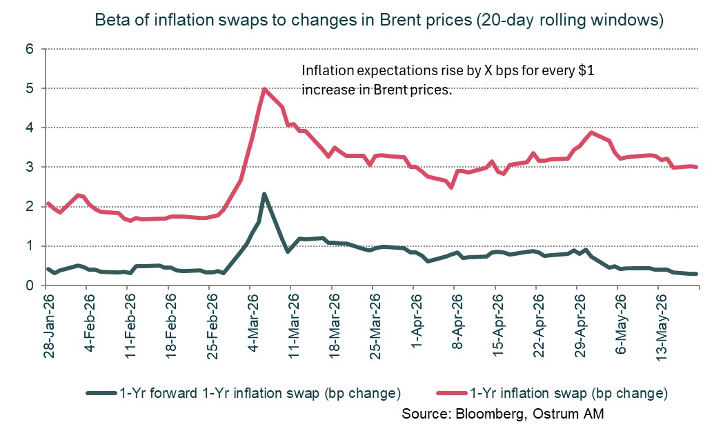 Beta of inflation swaps to changes in Brent prices (20-day rolling windows