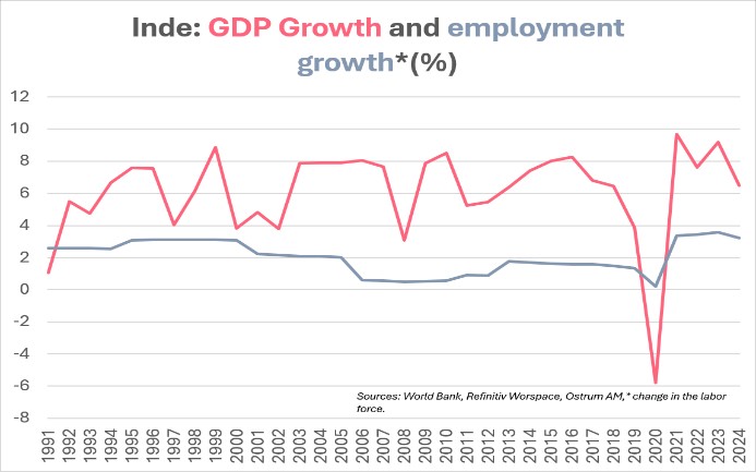 Inde : GPD Growth and employment growth*(%)
